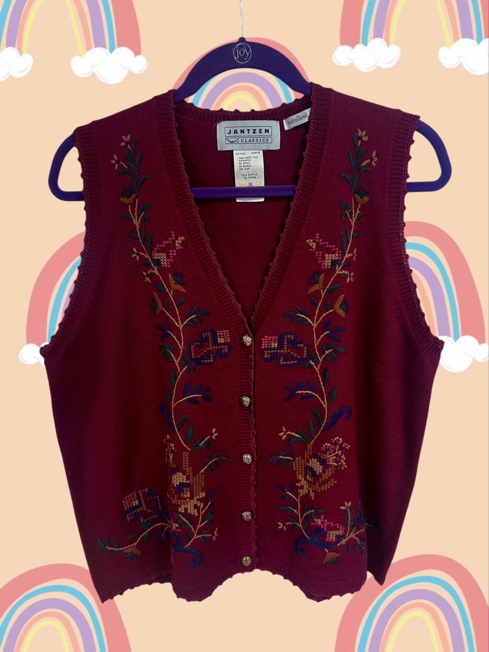 Vtg Jantzen wine red floral knit sweater vest